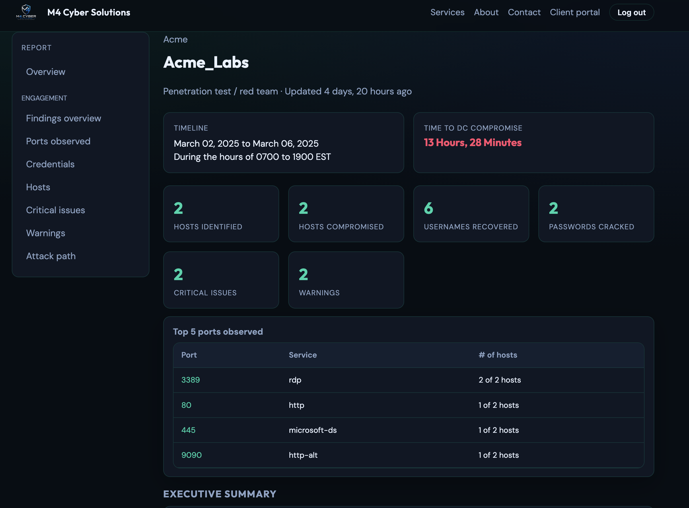 Preview of the secure client engagement dashboard